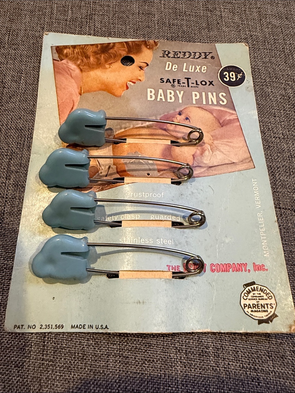 Reddy De Luxe Vintage Blue Elephant Baby Pins - intact Pack of 4 - Picture 6 of 7